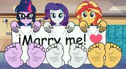 Size: 3420x1879 | Tagged: suggestive, artist:feets-and-paws, derpibooru import, rarity, sci-twi, sunset shimmer, twilight sparkle, equestria girls, barefoot, feet, female, females only, fetish, foot fetish, foot focus, hallway, holding, image, jpeg, looking at you, marriage, sign, smiling, smiling at you, soles, toes