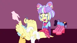 Size: 1332x748 | Tagged: safe, artist:qwqlqaq, derpibooru import, supernova zap, equestria girls, barefoot, clothes, crying, feet, female, fetish, foot fetish, foot focus, image, laughing, png, shoes, shoes off, shoes removed, sitting, socks, soles, tears of laughter, tickle fetish, tickle torture, tickling, toenails, toes