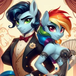 Size: 1024x1024 | Tagged: safe, ai content, derpibooru import, machine learning generated, prompter:*rainbow dash*, rainbow dash, soarin', anthro, burlesque, clothes, dress, fan, female, g4, generator:bing image creator, image, male, png, rainbow dash always dresses in style, shipping, soarindash, straight, suit, victorian