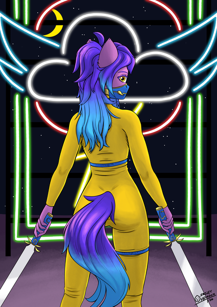 Size: 2480x3508 | Tagged: safe, artist:hugo231929, artist:smiley hexagon, derpibooru import, neon lights, rising star, oc, anthro, pony, badass, bodysuit, butt, clothes, comic style, commission, cover art, dual wield, female, image, kill bill, long hair, long mane, long tail, looking at you, looking back, mare, mask, neon, night, png, rear view, sexy, skintight clothes, solo, sword, tail, two toned hair, two toned mane, two toned tail, weapon