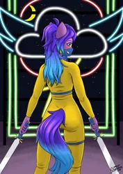 Size: 2480x3508 | Tagged: safe, artist:hugo231929, artist:smiley hexagon, derpibooru import, neon lights, rising star, oc, anthro, pony, badass, bodysuit, butt, clothes, comic style, commission, cover art, dual wield, female, image, kill bill, long hair, long mane, long tail, looking at you, looking back, mare, mask, neon, night, png, rear view, sexy, skintight clothes, solo, sword, tail, two toned hair, two toned mane, two toned tail, weapon