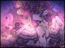 Size: 1280x960 | Tagged: safe, artist:binibean, derpibooru import, princess cadance, alicorn, pony, female, flower petals, flowing mane, image, looking up, mare, png, solo, spread wings, sunset, turned head, wings