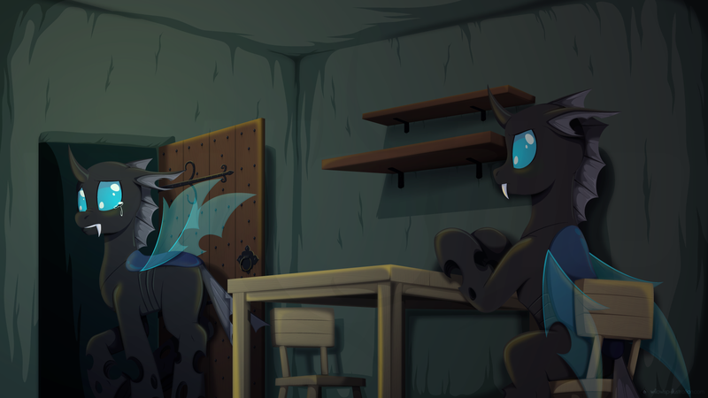 Size: 1920x1080 | Tagged: safe, artist:willoillo, derpibooru import, oc, oc:firefly, oc:spindle (unchanging love), changeling, fanfic:unchanging love, fanfic:unending love, chair, crying, door, fanfic art, image, png, room, spoilers for another series, table