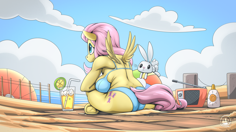 Size: 2560x1440 | Tagged: suggestive, artist:mysticalpha, derpibooru import, angel bunny, fluttershy, anthro, pegasus, pony, rabbit, unguligrade anthro, animal, ass, beach, beach ball, bikini, bikini bottom, bikini top, breasts, butt, clothes, drink, facing away, female, flutterbutt, g4, high res, image, mare, png, rear view, sideboob, small wings, swimsuit, wings