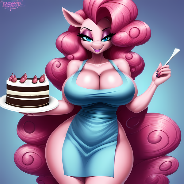 Size: 3072x3072 | Tagged: questionable, ai content, derpibooru import, machine learning generated, pinkie pie, anthro, almost nude, apron, bedroom eyes, big breasts, blue eyes, breasts, busty pinkie pie, cake, cleavage, clothes, eyeshadow, female, food, image, long hair, long mane, makeup, missing cutie mark, naked apron, open mouth, partial nudity, png, slender, slim waist, solo, solo female, strawberry, teasing, thighs, thin, thunder thighs
