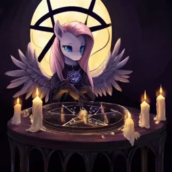 Size: 512x512 | Tagged: safe, ai content, machine learning generated, ponerpics import, ponybooru import, fluttershy, pegasus, alter, candle, dark room, image, png, solo, wicca, witchcraft