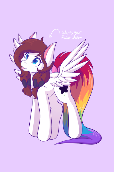 Size: 1365x2048 | Tagged: safe, artist:mscolorsplash, derpibooru import, oc, oc:color splash, unofficial characters only, pegasus, pony, female, image, mare, png, purple background, rainbow tail, silly, simple background, solo, spread wings, tail, tongue out, wings