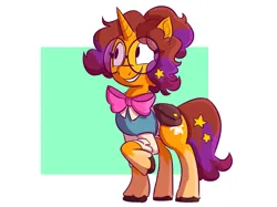Size: 1350x1011 | Tagged: safe, artist:snapscube, derpibooru import, oc, oc:star magnolia, unofficial characters only, pony, unicorn, bowtie, clothes, glasses, grin, image, passepartout, png, round glasses, simple background, smiling, solo, unshorn fetlocks, vest, white background