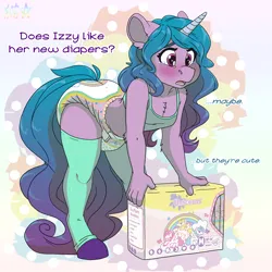 Size: 1900x1900 | Tagged: suggestive, artist:stargal galexi, derpibooru import, izzy moonbow, anthro, unguligrade anthro, unicorn, g5, blushing, clothes, crying, diaper, diaper fetish, fetish, image, png, socks, solo, stockings, tanktop, thigh highs