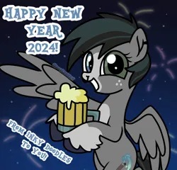 Size: 1760x1689 | Tagged: safe, artist:doodlesinky, derpibooru import, oc, oc:inky doodles, unofficial characters only, pegasus, ear piercing, fireworks, happy new year, holiday, image, jpeg, nonbinary, nose piercing, pegasus oc, piercing, solo, text, wings