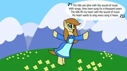 Size: 1920x1080 | Tagged: safe, artist:platinumdrop, derpibooru import, my little pony: pony life, one click wonder, spoiler:pony life s01e17, butterscotch (g4.5), clothes, commission, dancing, g4, g4.5 to g4, generation leap, image, music notes, png, singing, solo, speech bubble, the sound of music