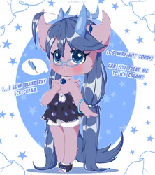 Size: 4000x4500 | Tagged: safe, artist:chura chu, derpibooru import, oc, oc:blubberry bell, anthro, earth pony, pony, anime style, anthro oc, blushing, chibi, clothes, coral, cute, dialogue, dress, female, food, glasses, horns, ice cream, image, mare, png, ponytails, solo, solo female
