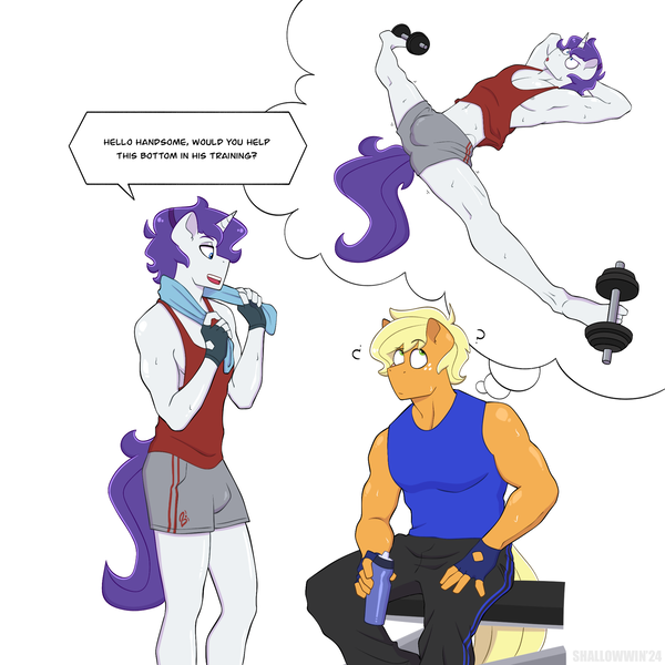 Size: 2048x2048 | Tagged: questionable, artist:shallowwin, derpibooru import, applejack, rarity, anthro, earth pony, pony, unicorn, applejack (male), confused, dialogue, elusive, gay, gym, image, imagination, male, muscles, muscular male, pecs, png, question mark, rule 63, shipping, stallion, stallion on stallion, training