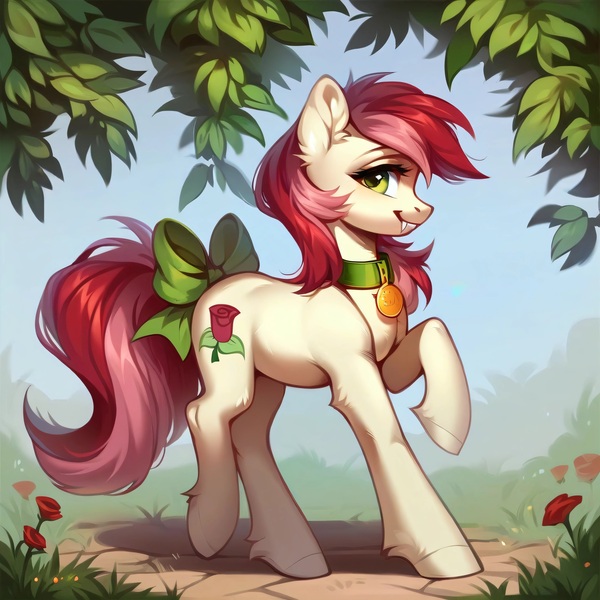 Size: 4096x4096 | Tagged: safe, ai content, derpibooru import, machine learning generated, prompter:doom9454, stable diffusion, roseluck, pony, bow, collar, cute, fangs, generator:purplesmart.ai, image, jpeg, pet tag, pony pet, rosepet, tail, tail bow, walking