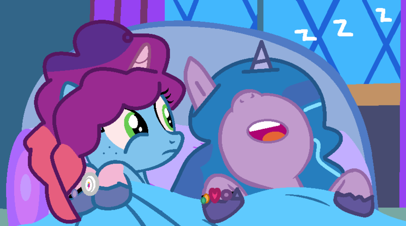 Size: 860x479 | Tagged: safe, artist:jadeharmony, derpibooru import, izzy moonbow, pony, unicorn, g5, bed, blanket, female, g4, g5 to g4, generation leap, image, lesbian, mare, misty brightdawn, mizzy, onomatopoeia, png, rebirth misty, shipping, sleeping, sleeping together, snoring, sound effects, zzz