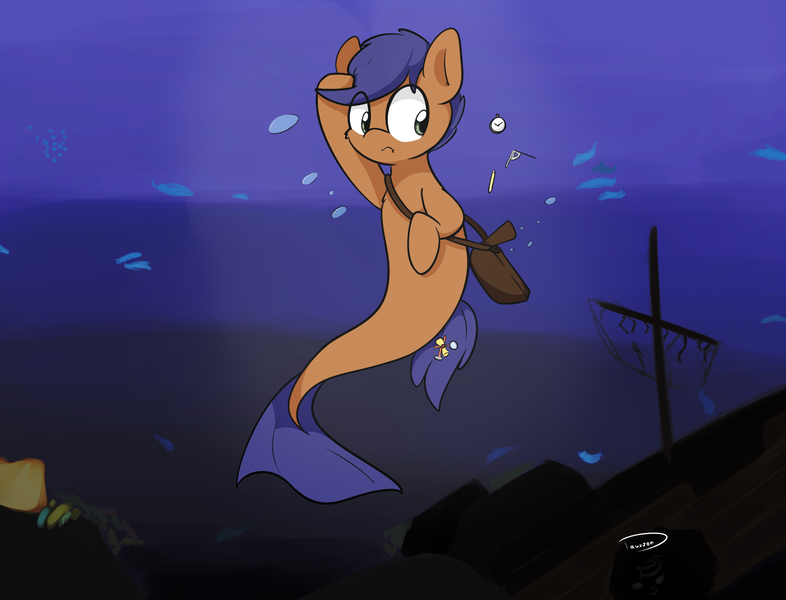 Size: 2354x1796 | Tagged: safe, artist:taurson, derpibooru import, oc, oc:dicey digs, earth pony, fish, merpony, bag, blue background, commission, dark, dropping, earth pony oc, explorer, exploring, image, ocean, png, scared, shipwreck, simple background, water