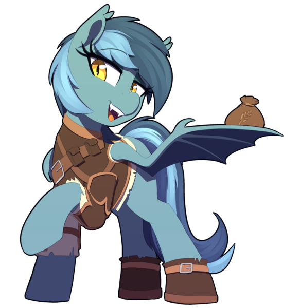 Size: 2040x2100 | Tagged: safe, artist:thebatfang, ponerpics import, oc, oc:dusky, bat pony, pony, armor, bat pony oc, bat wings, boots, clothes, fangs, female, food, image, leather armor, mare, oats, one wing out, open mouth, png, raised hoof, shoes, simple background, solo, transparent background, wings