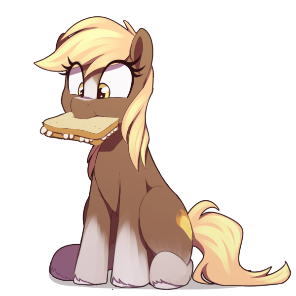 Size: 850x850 | Tagged: safe, artist:thebatfang, ponerpics import, ponified, ponified:sgt. reckless, earth pony, pony, blaze (coat marking), daisy sandwich, eating, food, image, mouth hold, png, sandwich, simple background, socks (coat marking), solo, transparent background, unshorn fetlocks
