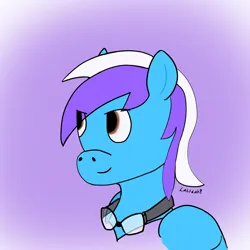 Size: 2000x2000 | Tagged: safe, artist:lahtdah, derpibooru import, oc, oc:flywheel, unofficial characters only, pegasus, blue fur, bust, confident, goggles, gradient background, image, looking to the left, png, portrait, purple background, sideways glance, simple background, solo