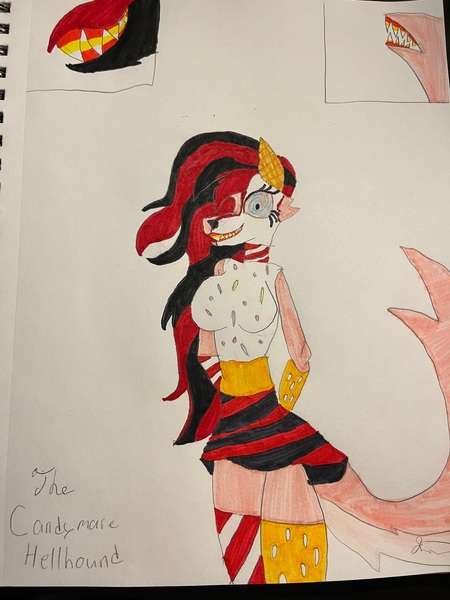 Size: 3024x4032 | Tagged: safe, artist:carlos324, derpibooru import, oc, oc:candymare, hellhound, wolf, candy, food, helluva boss, image, jpeg, marker drawing, something sweet to bite, traditional art