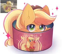 Size: 2650x2300 | Tagged: safe, artist:miryelis, derpibooru import, applejack, earth pony, pony, big ears, cute, female, hat, image, looking at you, mare, meme, photo, png, simple background, smiling, solo, sparkles, white background