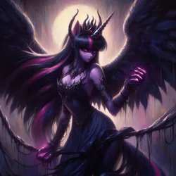 Size: 2048x2048 | Tagged: safe, ai content, derpibooru import, machine learning generated, prompter:krivovyaz, twilight sparkle, alicorn, anthro, demon, claws, clothes, corrupted, crown, dark, dress, generator:bing image creator, horns, image, jewelry, png, regalia, solo