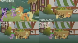 Size: 2000x1123 | Tagged: safe, derpibooru import, edit, edited screencap, editor:quoterific, screencap, applejack, spike, twilight sparkle, feeling pinkie keen, cart, fruit, g4, image, jpeg