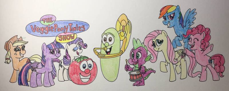 Size: 1414x565 | Tagged: safe, artist:dylanwayneburk, derpibooru import, applejack, fluttershy, pinkie pie, rainbow dash, rarity, spike, twilight sparkle, bob the tomato, crossover, drums, image, jpeg, larry the cucumber, mane six, musical instrument, traditional art, tuba, veggietales