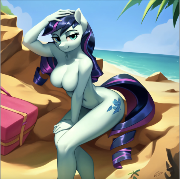 Size: 1416x1410 | Tagged: questionable, ai content, machine learning generated, stable diffusion, coloratura, anthro, earth pony, beach, beach babe, beach bag, busty coloratura, exhibitionism, flirty, hand on head, hand on leg, inviting, nude beach, nudity, palm tree, png, rock, seductive pose, sexy, smiling, solo, standing, sunbathing