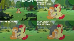Size: 2000x1123 | Tagged: safe, derpibooru import, edit, edited screencap, editor:quoterific, screencap, bright mac, pear butter, earth pony, pony, the perfect pear, 4 panel comic, apple, apple tree, caption, crying, female, food, image, jpeg, male, mare, pear tree, stallion, text, tree