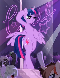 Size: 3000x3854 | Tagged: suggestive, alternate version, artist:ghostpikachu, derpibooru import, twilight sparkle, twilight sparkle (alicorn), alicorn, pony, base used, bipedal, club, dancing, female, g4, high res, image, mare, party, png, pole, pole dancing, sexy, solo focus, spotlight, spread wings, stripper pole, wings
