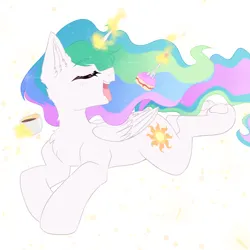 Size: 2000x2000 | Tagged: safe, artist:thieftea, derpibooru import, princess celestia, alicorn, pony, cake, chest fluff, ear fluff, food, fork, g4, horn, image, magic, multicolored hair, open mouth, png, solo, wings