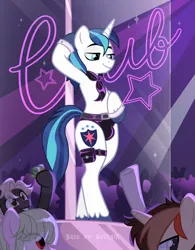 Size: 3000x3854 | Tagged: suggestive, alternate version, artist:ghostpikachu, derpibooru import, shining armor, pony, unicorn, alternate character, base used, bipedal, clothes, club, collar, crotch bulge, dancing, g4, high res, image, male, party, png, pole, pole dancing, sexy, solo focus, spotlight, stallion, stripper pole, unshorn fetlocks