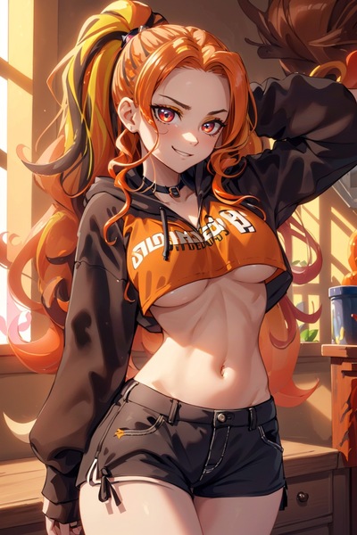 Size: 1024x1536 | Tagged: suggestive, ai content, derpibooru import, editor:sammykun, machine learning generated, adagio dazzle, human, equestria girls, arm behind head, belly button, black hoodie, breasts, busty adagio dazzle, clothes, cropped hoodie, drawer, female, g4, generator:yodayo, hoodie, humanized, image, indoors, jacket, jpeg, lighting, long hair, looking at you, midriff, ponytail, prompter:sammykun, reasonably sized breasts, red eyes, ribcage, seductive, seductive look, seductive pose, sexy, shorts, slender, smiling, smiling at you, solo, stupid sexy adagio dazzle, sultry, sultry pose, thighs, thin, underboob, window
