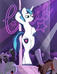 Size: 3000x3854 | Tagged: suggestive, alternate version, artist:ghostpikachu, derpibooru import, shining armor, pony, unicorn, alternate character, base used, bipedal, club, dancing, g4, high res, image, male, party, png, pole, pole dancing, sexy, solo focus, spotlight, stallion, stripper pole, unshorn fetlocks