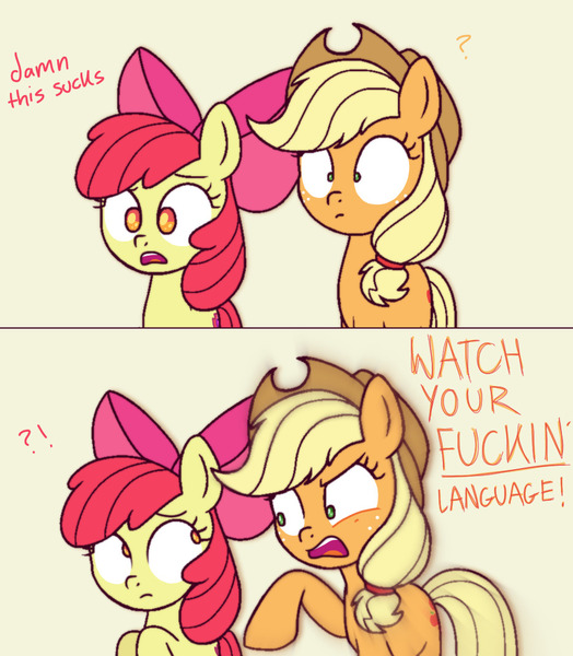 Size: 933x1068 | Tagged: safe, artist:felicitea, derpibooru import, apple bloom, applejack, earth pony, pony, apple sisters, comic, exclamation point, female, g4, hypocrisy, hypocrite, hypocritical humor, image, interrobang, jpeg, question mark, siblings, sisters, vulgar