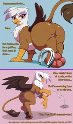 Size: 2000x3374 | Tagged: safe, ai content, artist:rupert, derpibooru import, machine learning assisted, machine learning generated, stable diffusion, gilda, gryphon, series:ask white belly gilda, ask, bipedal, butt, featureless crotch, female, g4, generator:pony diffusion v6 xl, gildere, gildonk, high res, horseshoes, image, jpeg, looking back, pale belly, paw pads, paws, plump, prompter:rupert, solo, throwing, tsundere, tumblr, underpaw, white belly