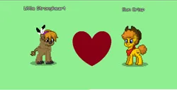 Size: 771x391 | Tagged: safe, derpibooru import, little strongheart, sun crisp, bison, buffalo, earth pony, pony, brown tail, clothes, feather, g4, green background, hat, headband, heart, image, png, scarf, shipping, simple background, tail, yellow mane, yellow tail