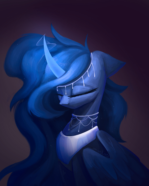 Size: 1200x1500 | Tagged: safe, artist:anastas, derpibooru import, princess luna, alicorn, pegasus, pony, unicorn, blue coat, blue mane, bust, curved horn, cute, digital art, ethereal mane, eyelashes, eyes closed, feather, female, floppy ears, folded wings, g4, glow, glowing horn, horn, image, jewelry, long mane, lunabetes, mare, necklace, peytral, png, portrait, redesign, regalia, simple background, solo, starry mane, sternocleidomastoid, wings