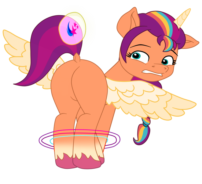 Size: 2182x1982 | Tagged: safe, artist:gmaplay, derpibooru import, sunny starscout, alicorn, earth pony, pegasus, pony, unicorn, rise and fall, g5, ass, ass up, butt, cutie mark, cutie mark theft, dock, image, png, presenting, simple background, solo, sunny starbutt, tail, tied up, transparent background