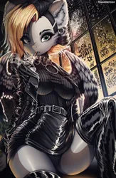 Size: 1407x2160 | Tagged: safe, artist:tweenstrip, derpibooru import, oc, oc:tlen borowski, unofficial characters only, anthro, pegasus, boots, choker, clothes, ear fluff, ear piercing, female, high heel boots, image, jacket, jpeg, leather, leather boots, leather jacket, looking at you, panties, piercing, shoes, sitting, skirt, smoking, solo, underwear, zettai ryouiki