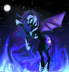Size: 1385x1446 | Tagged: safe, artist:prettycursor, artist:sainthorse, derpibooru import, nightmare moon, alicorn, bat pony, bat pony alicorn, pony, armor, bat wings, blue fire, female, fire, full moon, g4, hoof shoes, horn, image, jewelry, mare, moon, night, png, princess shoes, rearing, regalia, simple background, solo, spread wings, stars, wings