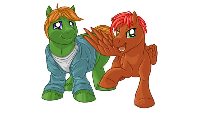 Size: 2540x1440 | Tagged: safe, artist:6melonjam9, derpibooru import, oc, oc:firerazor, oc:melon jam, unofficial characters only, earth pony, pegasus, derpibooru community collaboration, 2024 community collab, clothes, group, image, male, png, raised hoof, simple background, transparent background, wings