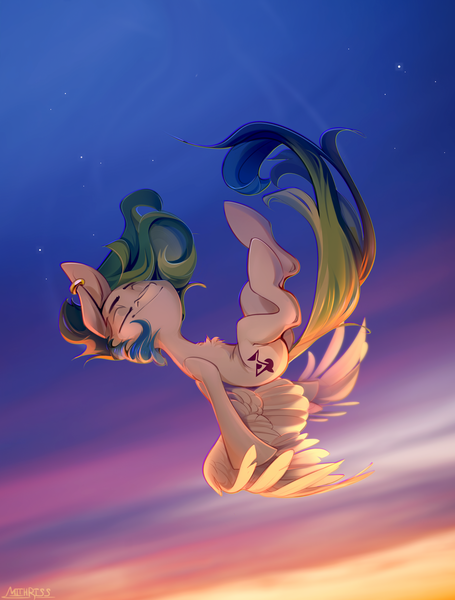 Size: 3000x3960 | Tagged: safe, artist:mithriss, derpibooru import, oc, unofficial characters only, pegasus, pony, eyes closed, falling, female, freefall, image, lighting, mare, png, smiling, solo, spread wings, sunset, wings