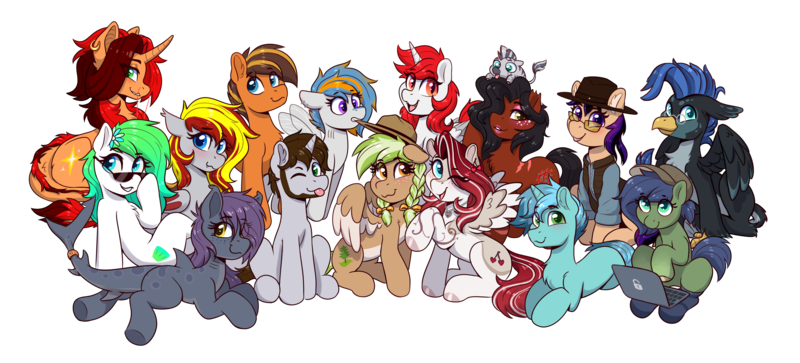 Size: 6048x2744 | Tagged: safe, artist:dandy, derpibooru import, oc, oc:cherry heart, oc:cornflake, oc:fila brightspark, oc:gray hat, oc:gulfstream, oc:gumdrop, oc:lux, oc:marine, oc:minty breeze, oc:mixtape, oc:polina star, oc:spring tide, oc:still waters, oc:sylvia evergreen, oc:zion rift, unofficial characters only, alicorn, bat pony, dragon, earth pony, hippogriff, original species, pegasus, pony, shark, shark pony, unicorn, zebra, derpibooru community collaboration, 2024 community collab, :p, alicorn oc, bat ears, bat eyes, bat pony oc, bat wings, bedroom eyes, blushing, braid, braided pigtails, chibi, clothes, computer, curved horn, dragon oc, ear tufts, earth pony oc, eyeshadow, facial hair, fangs, female, fish tail, flower, flower in hair, gills, glasses, hair tie, hat, high res, hippogriff oc, horn, image, jewelry, laptop computer, lipstick, lying down, makeup, male, necklace, non-pony oc, one ear down, open mouth, pegasus oc, pigtails, png, ponytail, ranger, round glasses, shark pony oc, shark tail, simple background, sitting, smiling, socks, spread wings, sunglasses, tail, tongue out, transparent background, unicorn oc, vest, whiskers, wings, zebra oc