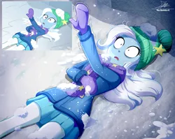 Size: 2434x1934 | Tagged: safe, artist:the-butch-x, derpibooru import, screencap, trixie, human, equestria girls, equestria girls series, holidays unwrapped, spoiler:eqg series (season 2), beanie, clothes, female, g4, gloves, hat, image, jacket, lying down, on back, open mouth, pants, png, saving pinkie's pie, scarf, scene interpretation, screencap reference, skirt, snow, solo, winter outfit