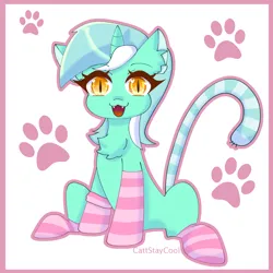 Size: 4000x4000 | Tagged: safe, artist:cattstaycool, derpibooru import, lyra heartstrings, cat, cat pony, original species, unicorn, cat tail, catified, chest fluff, clothes, ear fluff, fangs, image, looking at you, open mouth, open smile, png, simple background, slit pupils, smiling, socks, solo, species swap, striped socks, tail, white background