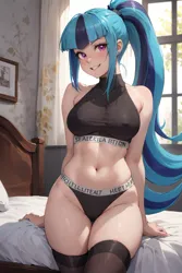 Size: 1024x1536 | Tagged: suggestive, ai content, derpibooru import, editor:sammykun, machine learning generated, sonata dusk, human, equestria girls, bed, belly button, black underwear, breasts, busty sonata dusk, cameltoe, clothes, erect nipples, female, g4, generator:yodayo, humanized, image, long hair, looking at you, midriff, nipple outline, on bed, png, ponytail, pose, prompter:sammykun, reasonably sized breasts, sexy, sitting, smiling, smiling at you, socks, solo, solo female, stupid sexy sonata dusk, sultry, sultry pose, teeth, thigh highs, thighs, underwear, wide hips