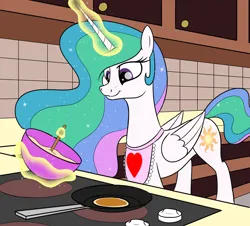 Size: 3414x3081 | Tagged: safe, artist:trash anon, ponerpics import, ponybooru import, princess celestia, alicorn, apron, batter, bowl, cabinet, clothes, cooking, cutie mark, ethereal mane, female, food, heart, horn, image, kitchen, levitation, magic, missing accessory, pan, pancakes, png, smiling, solo, spoon, stove, telekinesis, wings