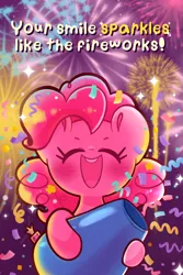 Size: 1200x1800 | Tagged: safe, artist:typhwosion, derpibooru import, pinkie pie, fireworks, image, party cannon, png, positive ponies, solo, text